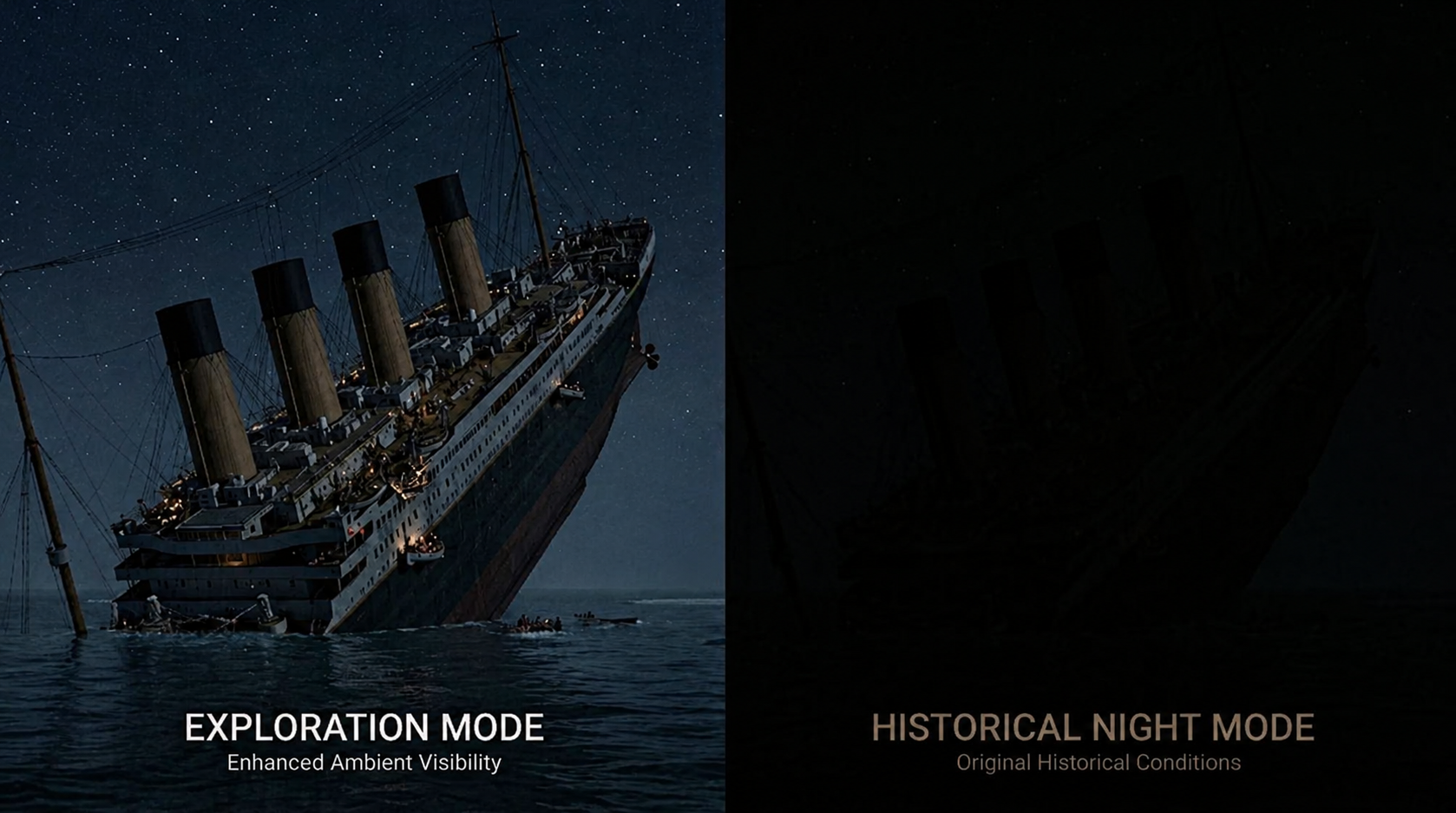 Vergleich zweier geplanter Darstellungsmodi der Titanic nach dem Ausfall der Beleuchtung: ein besser sichtbarer Erkundungsmodus und ein sehr dunkler historischer Nachtmodus.